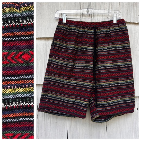 Harem Pants Other - Harem Pants Mens Woven Tribal Stripe Boho Shorts Multicolor Wood Bead Detail